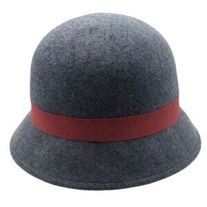 NWT Charming Charlie Womens Gray Wool Cloche Hat With Red Ribbon Detail Retro